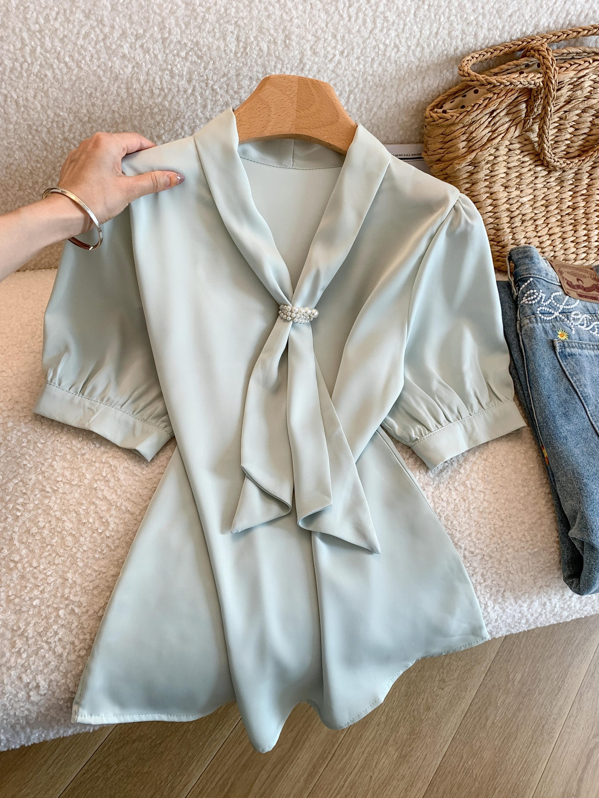 women-summer-v-neck-satin-short-sleeve-shirt-with-ribbon-accent Women Summer V-Neck Satin Short Sleeve Shirt with Ribbon Accent