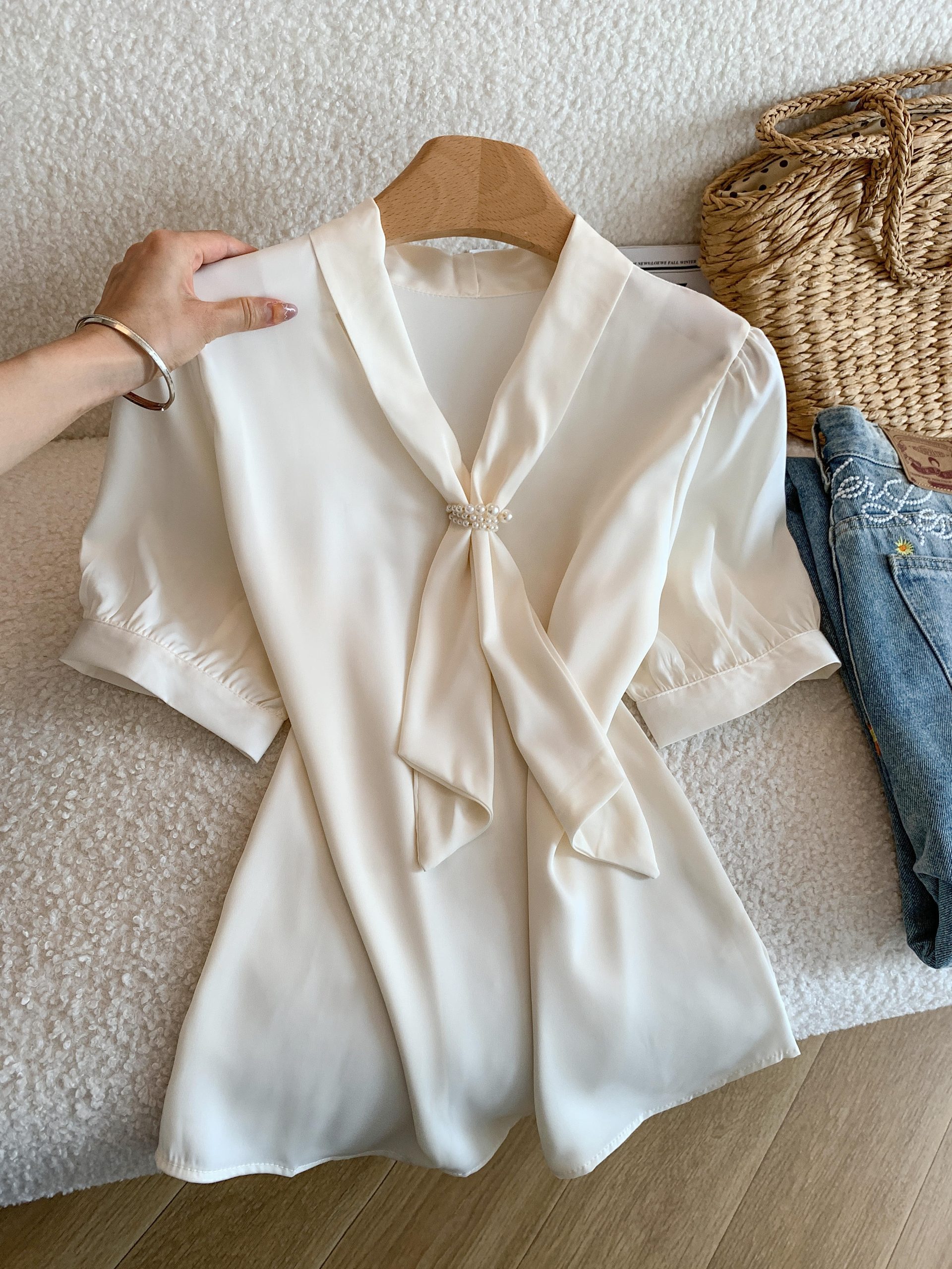 women-summer-v-neck-satin-short-sleeve-shirt-with-ribbon-accent_1 Women's V-Neck Satin Short Sleeve Shirt with Ribbon Accent Summer 2026