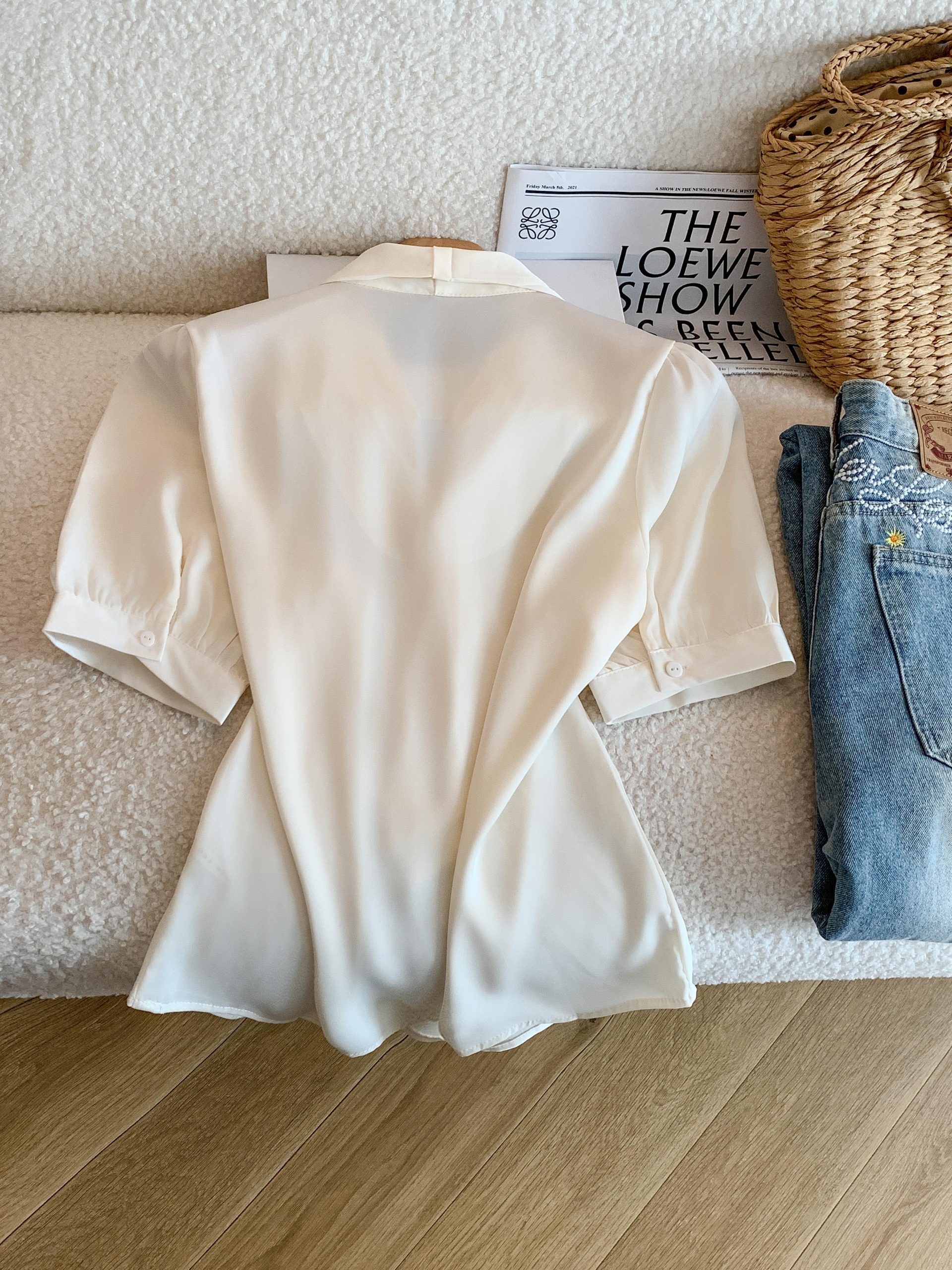 Women Summer V-Neck Satin Short Sleeve Shirt with Ribbon Accent