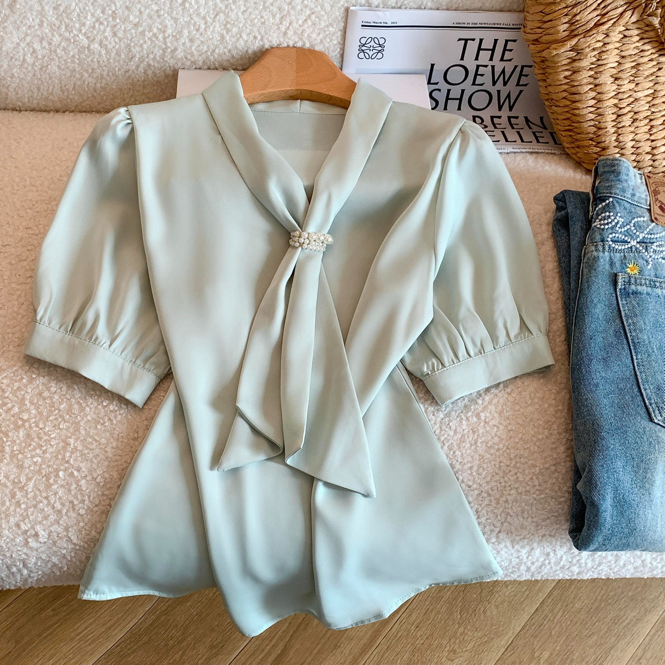 Women Summer V-Neck Satin Short Sleeve Shirt with Ribbon Accent