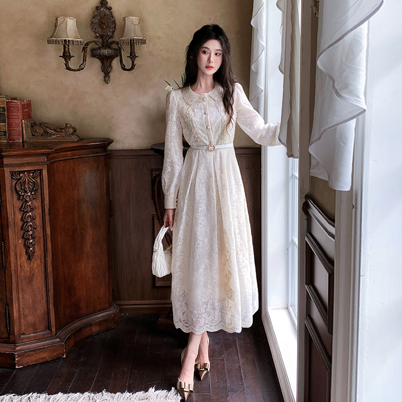 womens-a-line-long-sleeve-beaded-dress-with-doll-collar-and-cinched-waist Women's A-Line Long Sleeve Beaded Dress with Doll Collar and Cinched Waist