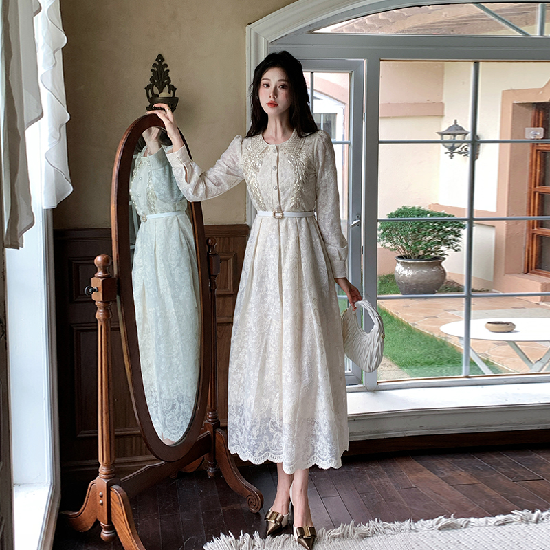 Women's A-Line Long Sleeve Beaded Dress with Doll Collar and Cinched Waist
