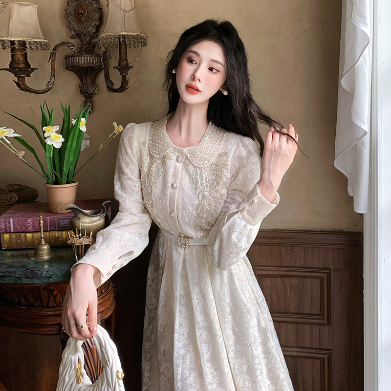 Women's A-Line Long Sleeve Beaded Dress with Doll Collar and Cinched Waist