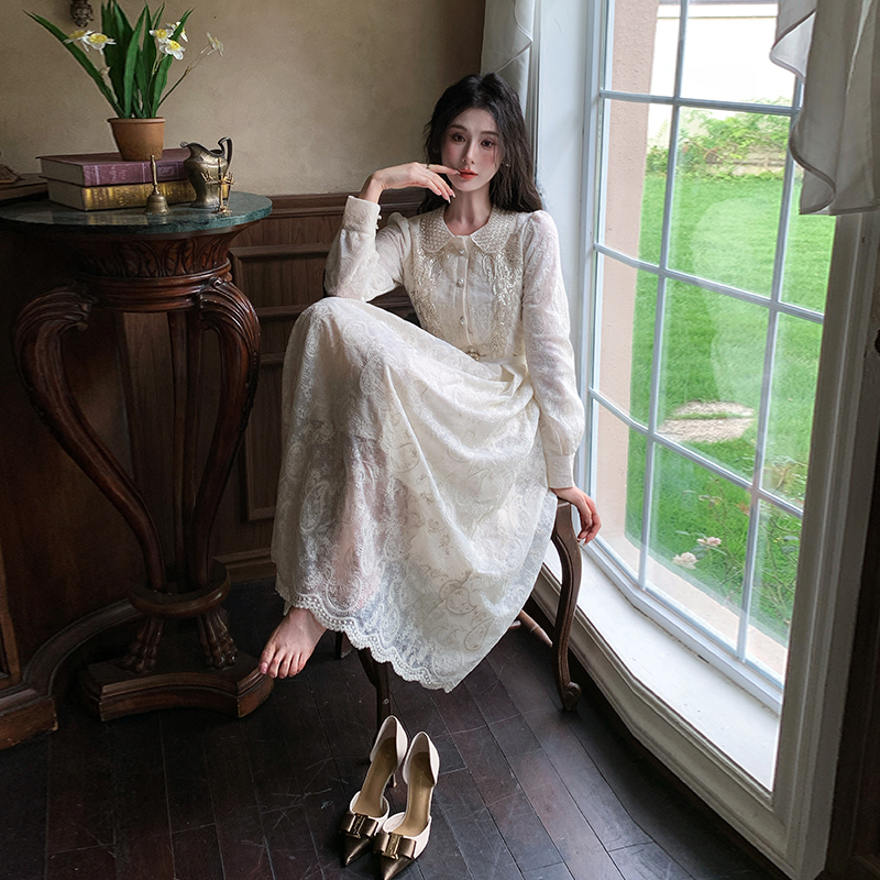Women's A-Line Long Sleeve Beaded Dress with Doll Collar and Cinched Waist
