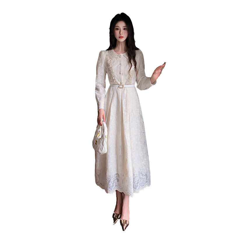 Women's A-Line Long Sleeve Beaded Dress with Doll Collar and Cinched Waist