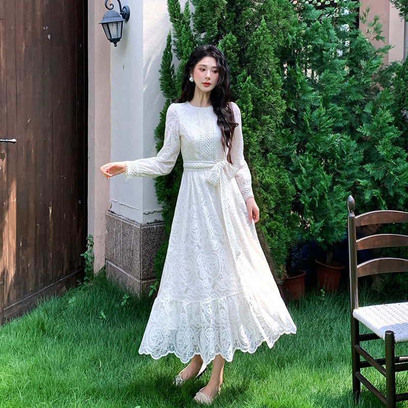 womens-autumn-round-neck-long-sleeve-lace-a-line-dress Women's Autumn Round Neck Long Sleeve Lace A-Line Dress