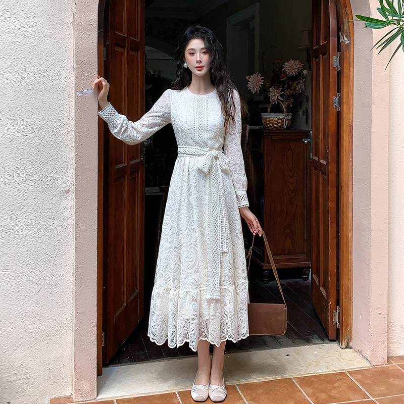 Women's Autumn Round Neck Long Sleeve Lace A-Line Dress