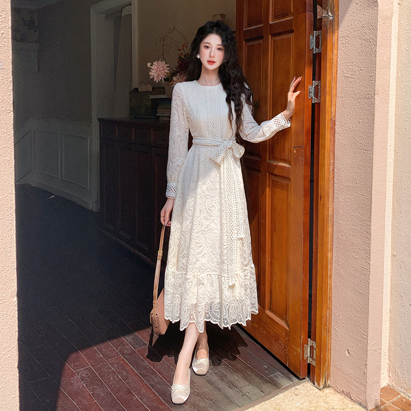 Women's Autumn Round Neck Long Sleeve Lace A-Line Dress