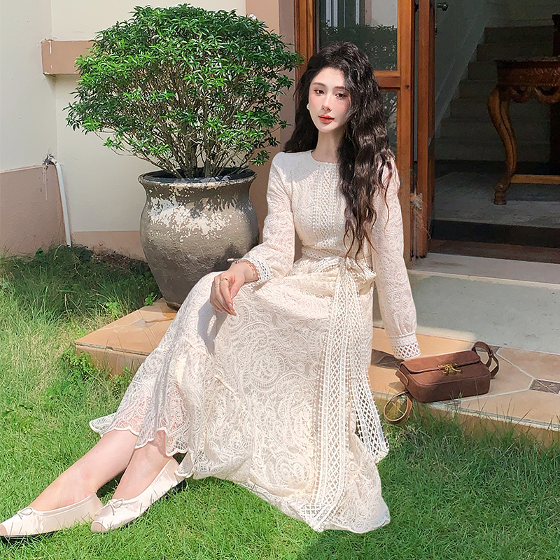 Women's Autumn Round Neck Long Sleeve Lace A-Line Dress