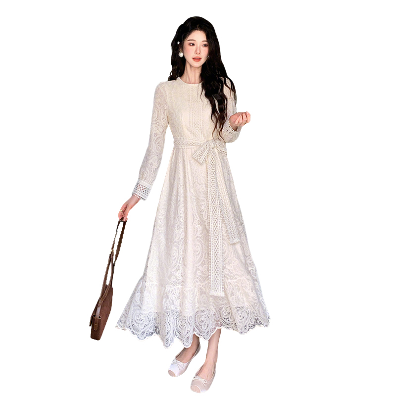 Women's Autumn Round Neck Long Sleeve Lace A-Line Dress