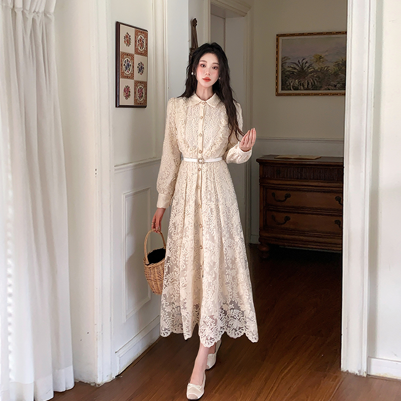 womens-french-style-lace-a-line-midi-dress-with-belt-and-lapel-collar Women's French Style Lace A-Line Midi Dress with Belt and Lapel Collar