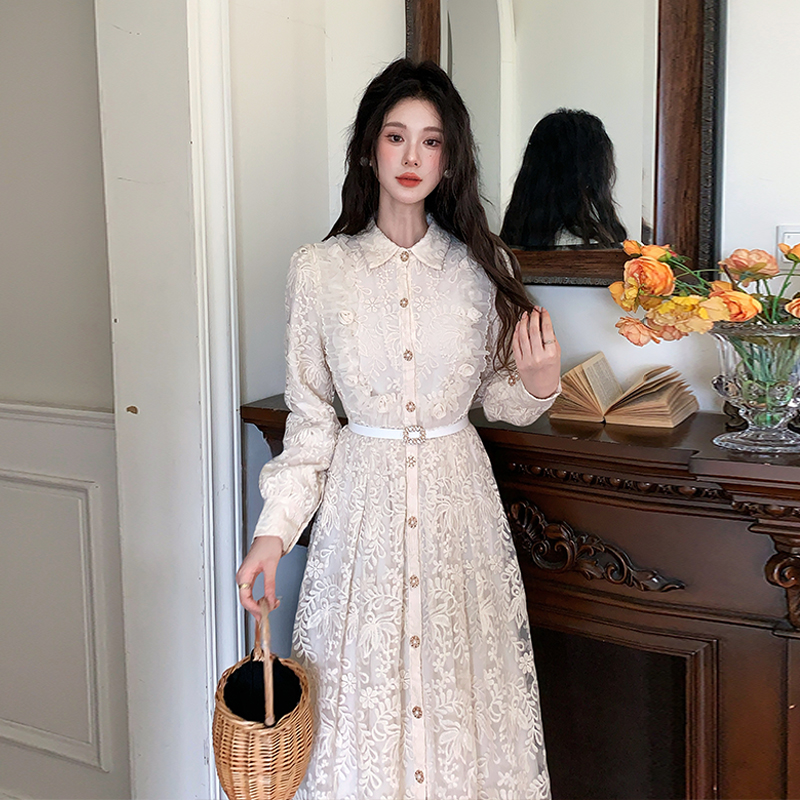 womens-french-style-lace-a-line-midi-dress-with-belt-and-lapel-collar_3 Women's French Style Lace A-Line Midi Dress with Belt and Lapel Collar