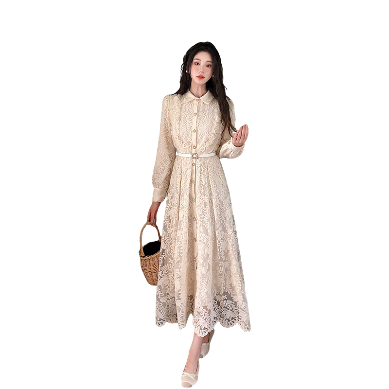 womens-french-style-lace-a-line-midi-dress-with-belt-and-lapel-collar_4 Women's French Style Lace A-Line Midi Dress with Belt and Lapel Collar