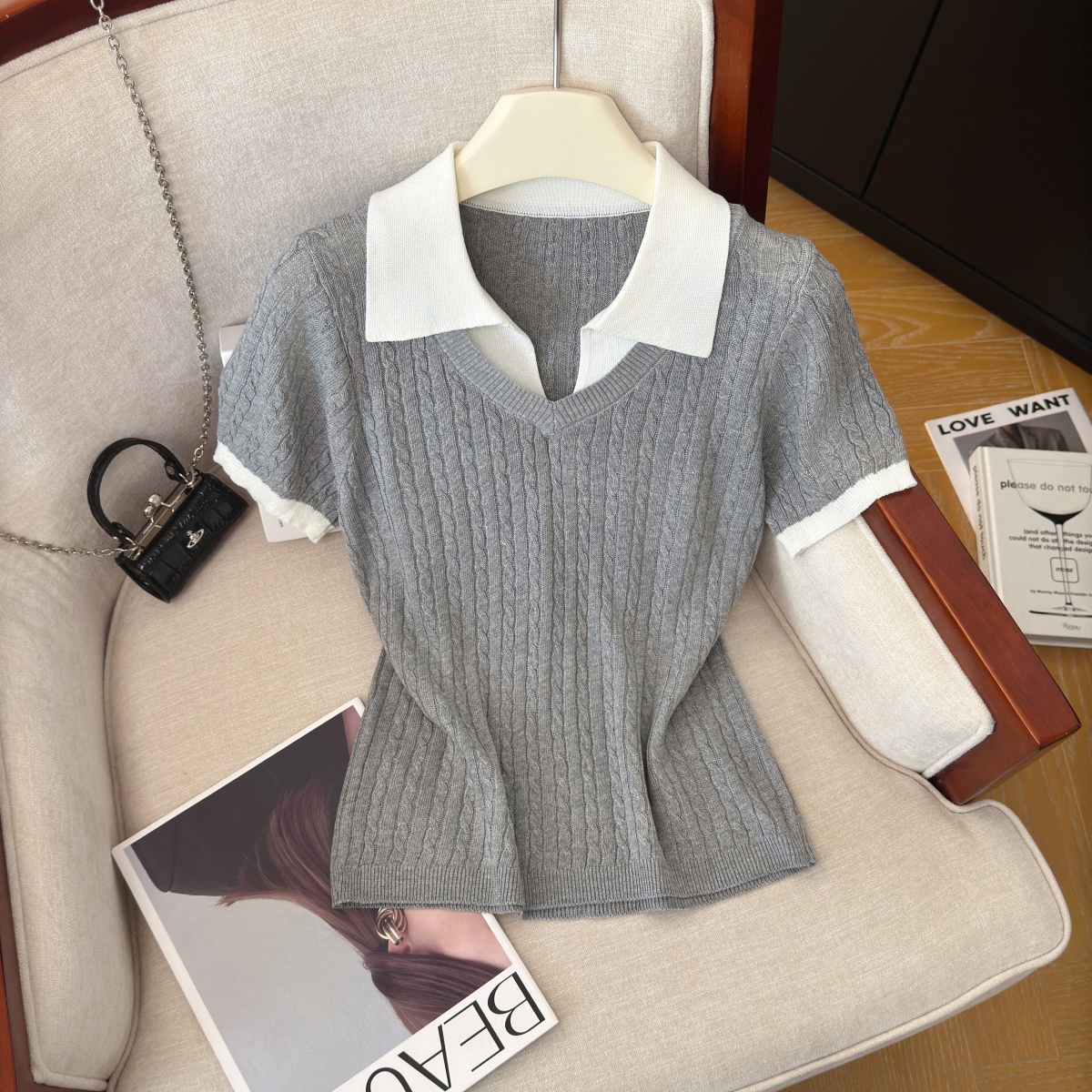 womens-retro-faux-two-piece-knit-short-sleeve-top-with-collar Women's Retro Faux Two-Piece Knit Short Sleeve Top with Collar