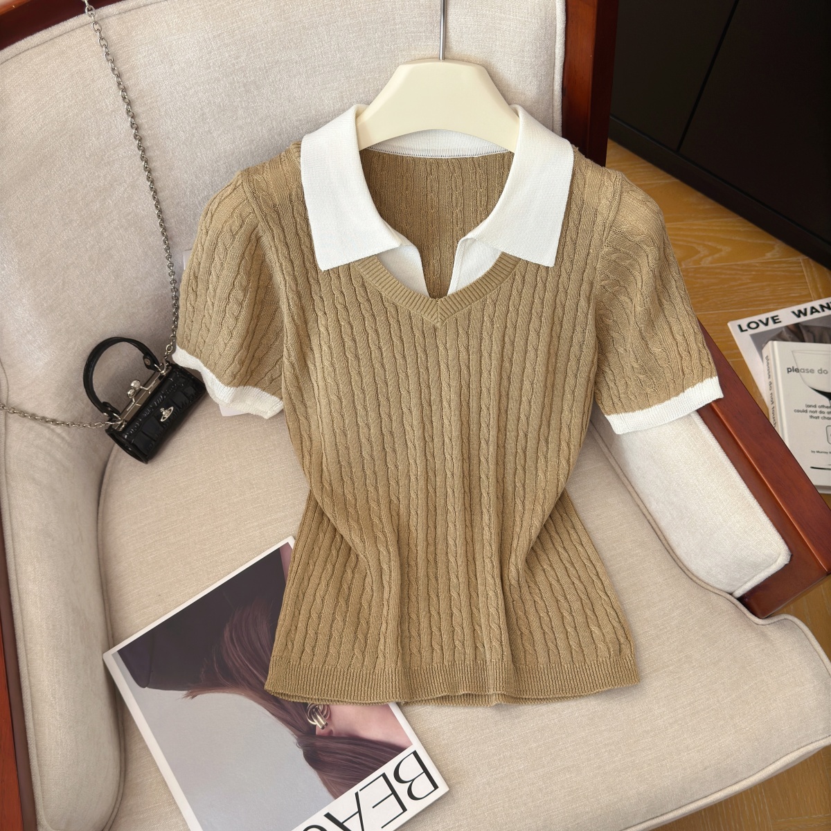 Women's Retro Faux Two-Piece Knit Short Sleeve Top with Collar