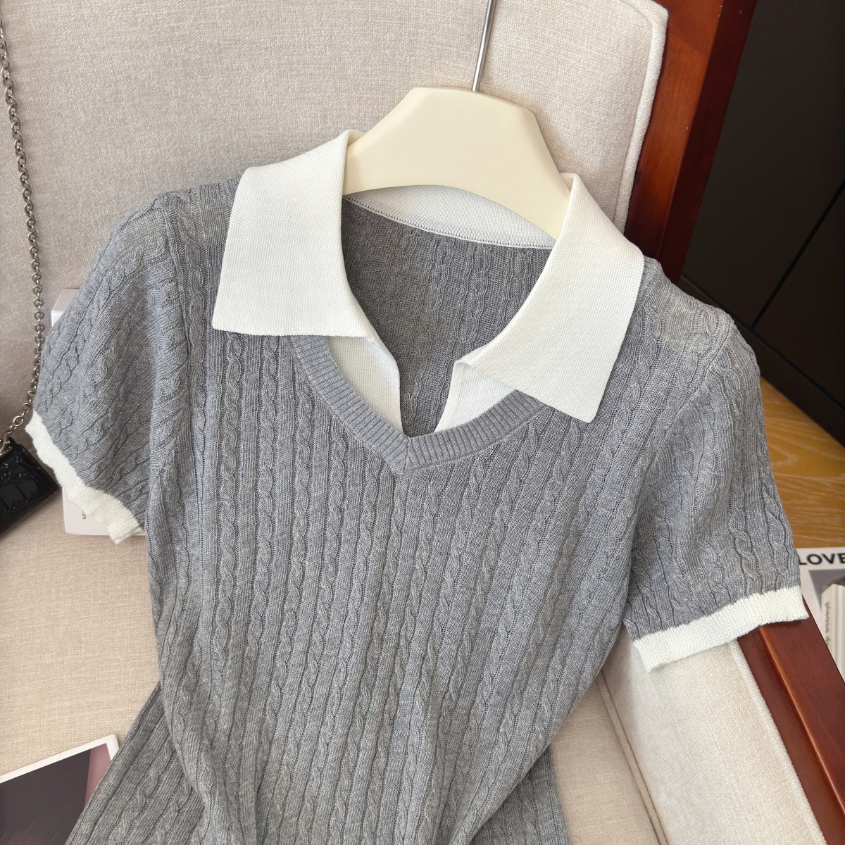 Women's Retro Faux Two-Piece Knit Short Sleeve Top with Collar