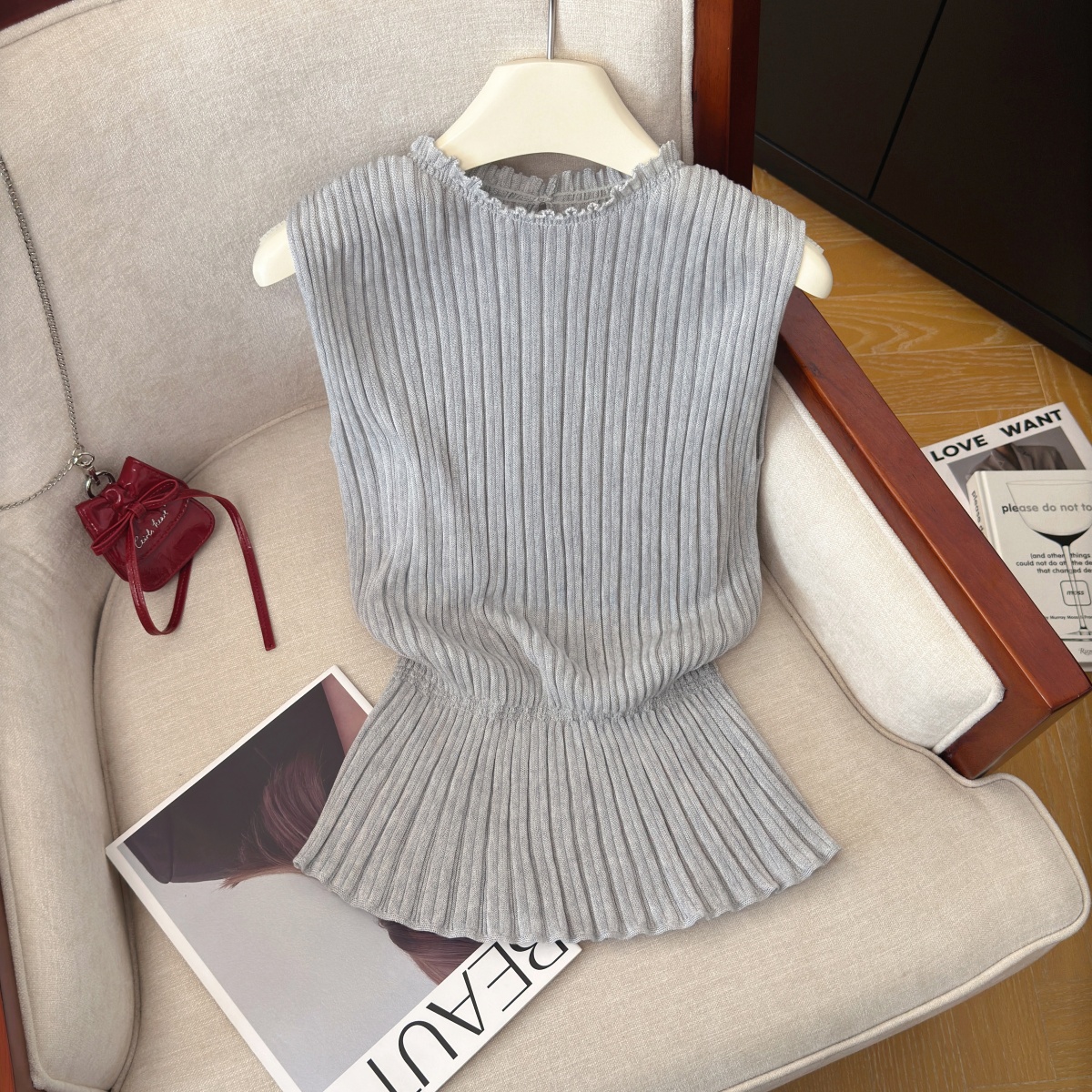 womens-sleeveless-knit-top-summer-slimming-waist-cinched-design Women's Sleeveless Knit Top Summer Slimming Waist Cinched Design