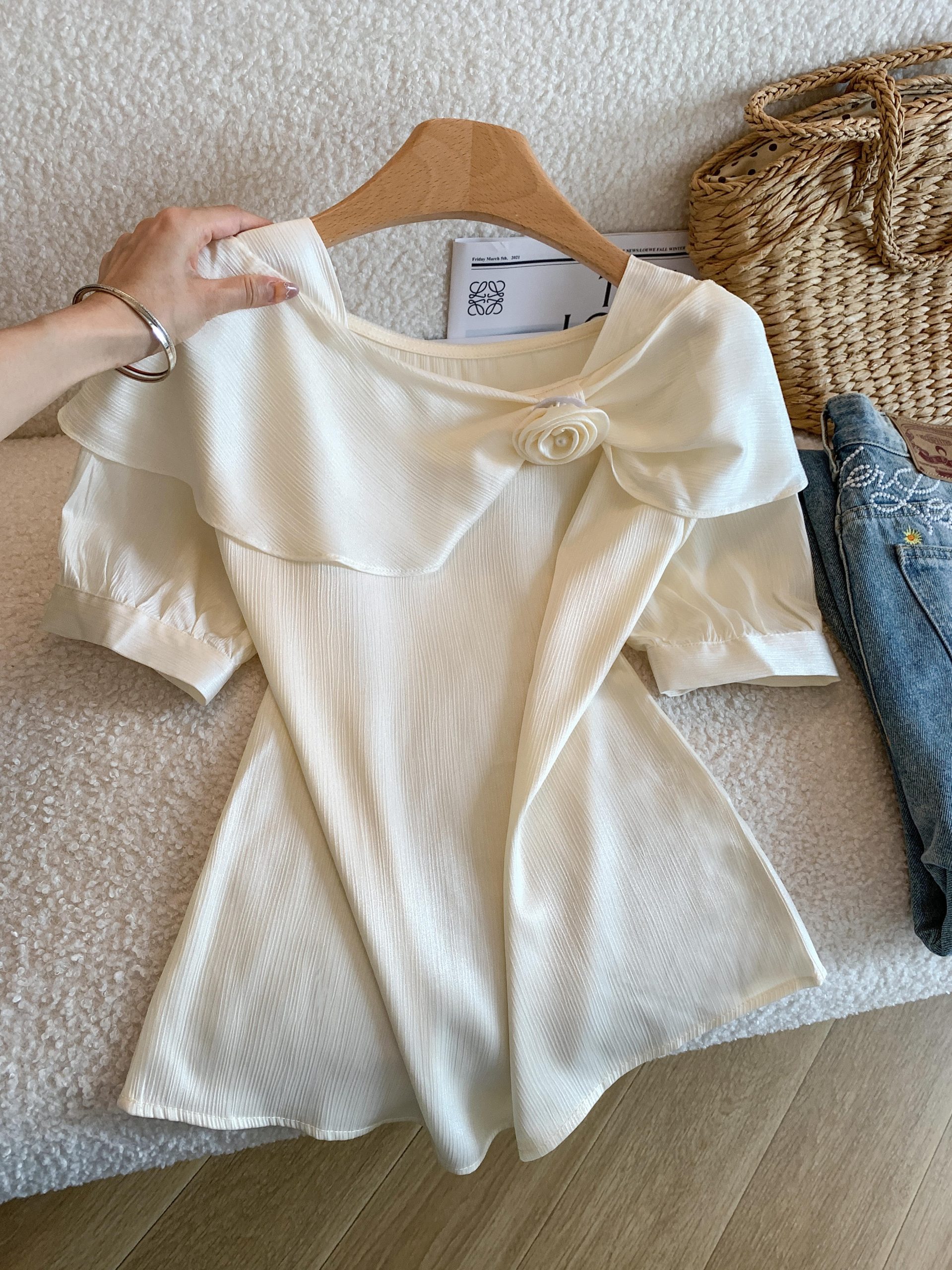 Women's Summer Asymmetric Collar Short Sleeve Acetate Shirt with 3D Floral Ruffle